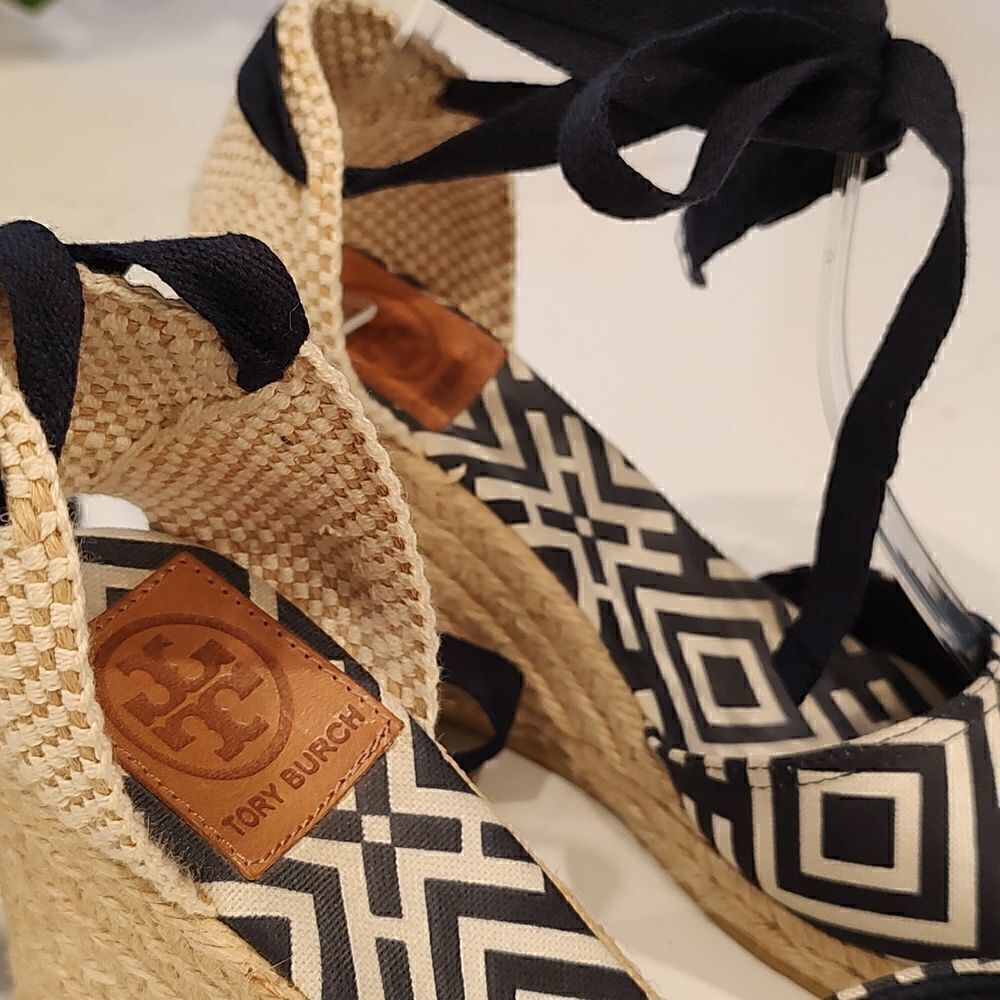 Tory Burch Geo Print Platform Wedge Espadrilles Navy White Boho Sandals - Picture 11 of 11